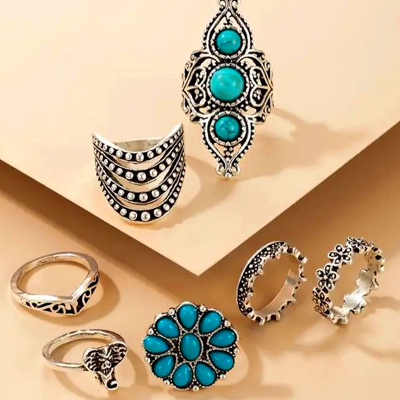 Vintage Turquoise Elephant Geometric Ring 7pcs/SetBoho Style Decor Jewelry - Picture 8 of 10